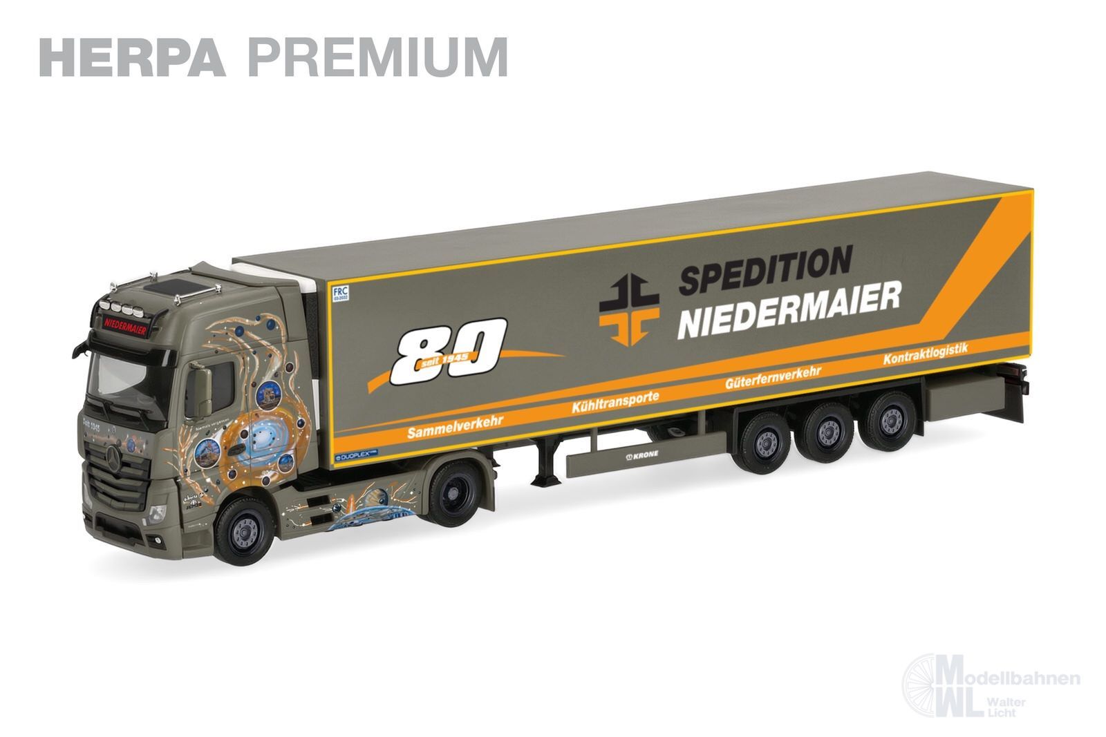 Herpa 952040 - Mercedes-Benz A 18 L GS Kühlkoffer Sattelzug Niedermaier 80 Jahre H0 1:87