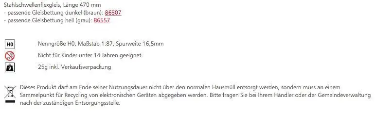 Tillig 85136 - Stahlschwellenflexgleis Länge 470 mm H0/GL