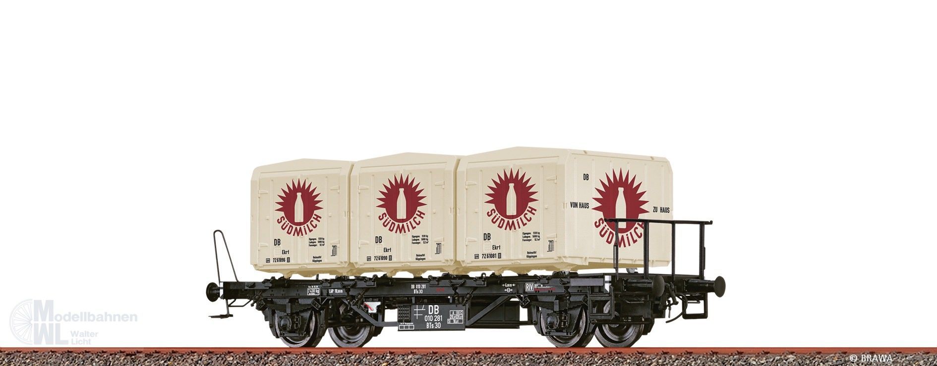 Brawa 50917 - Behältertragwagen DB Ep.III BTs 30 Südmilch H0/GL Brawa 50917 - Behältertragwagen DB Ep.III BTs 30 Südmilch H0/GL