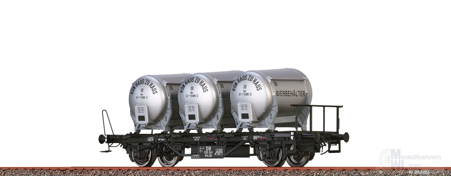 Brawa 50606 - Behältertragwagen DB Ep.III BTs 30 mit Ddikr 621 Von Haus zu Haus H0/GL Brawa 50606 - Behältertragwagen DB Ep.III BTs 30 mit Ddikr 621 Von Haus zu Haus H0/GL