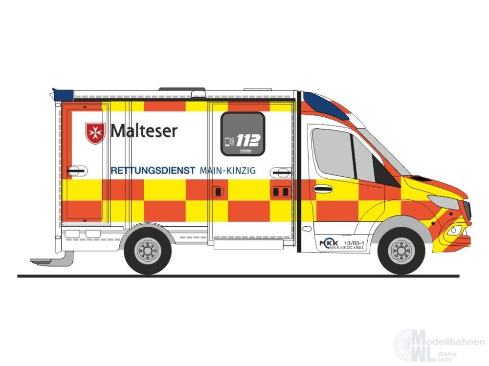 Rietze 76125 - Mercedes-Benz Strobel RTW ´18 Rettungsdienst Main-Kinzig H0 1:87