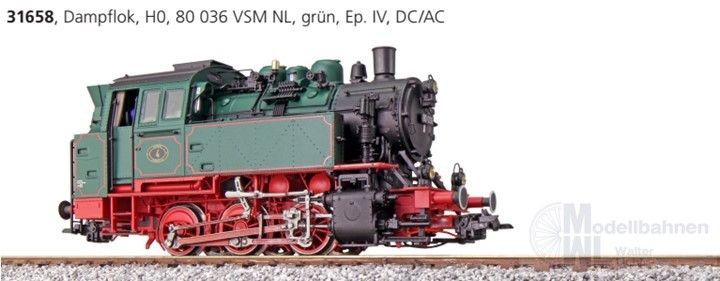ESU 31658 - Dampflok BR 80 036 VSM NL grün Ep.IV H0/GL/WS Sound Rauch