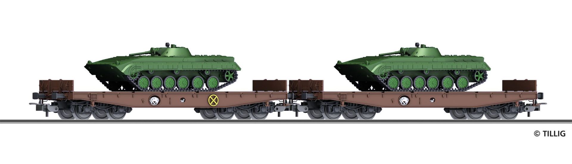 Tillig 70058 - Güterwagen Set DR Ep.IV 2.tlg. Beladen mit BMP-1 Panzern H0/GL Tillig 70058 - Güterwagen Set DR Ep.IV 2.tlg. Beladen mit BMP-1 Panzern H0/GL