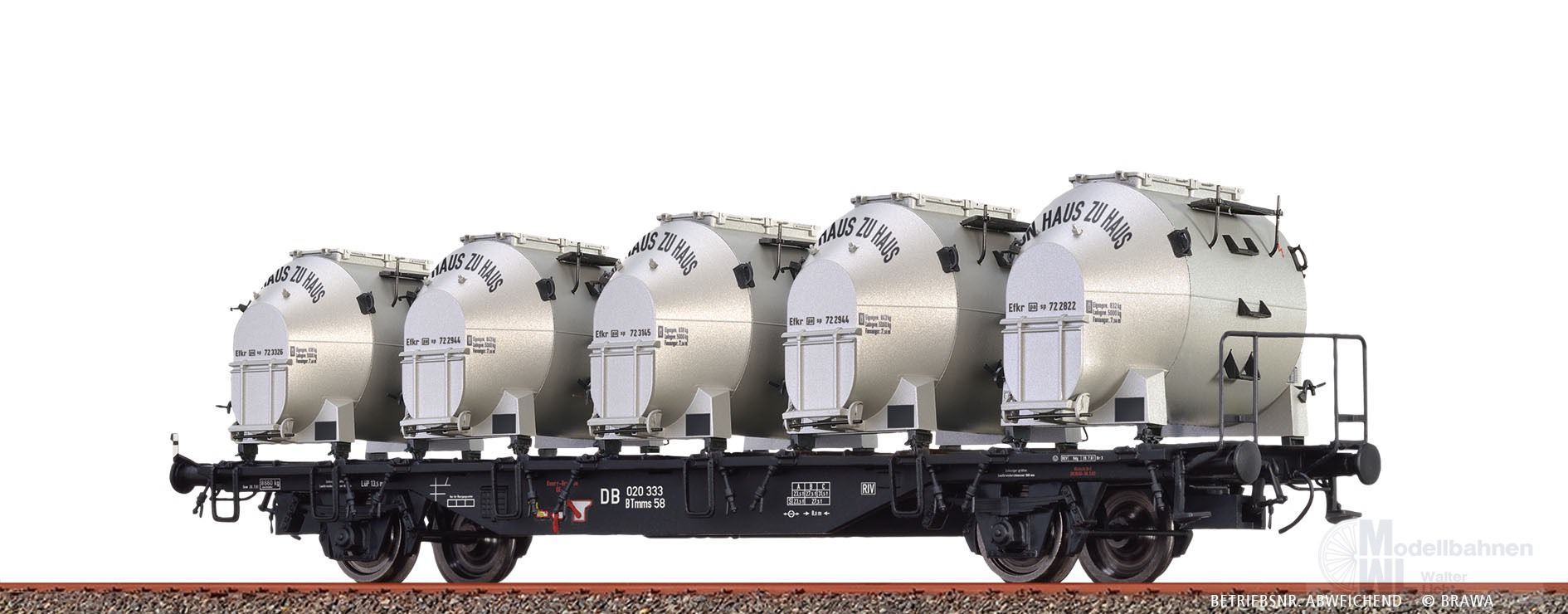 Brawa 49139 - Behältertragwagen DB Ep.III BTmms58 DB, mit Efkr 401 Von Haus zu Haus H0/