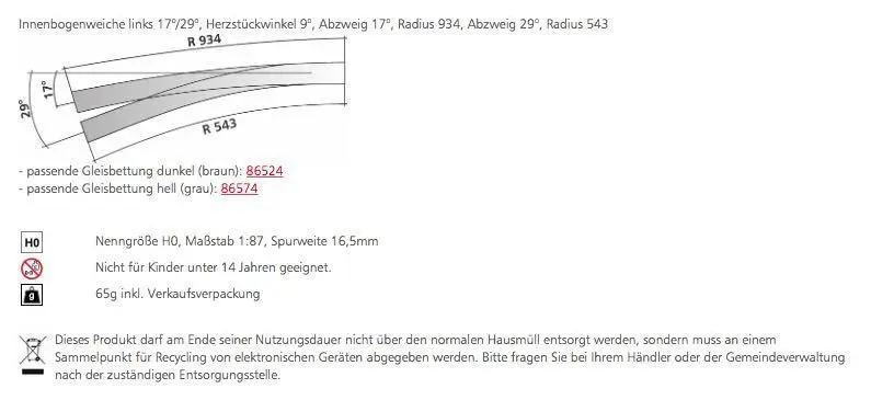 Tillig 85374 - Innenbogenweiche links 17°/29° Herzstückwinkel 9° H0/GL