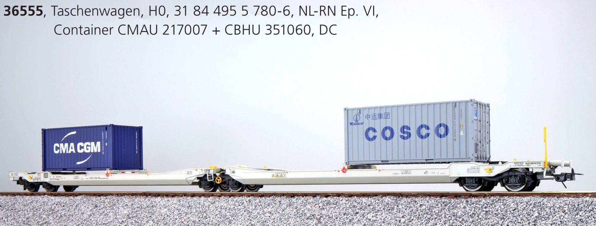 ESU 36555 - Taschenwagen Sdggmrs NL-RN Ep.VI Container CMAU217007 / CBHU351060 H0/GL