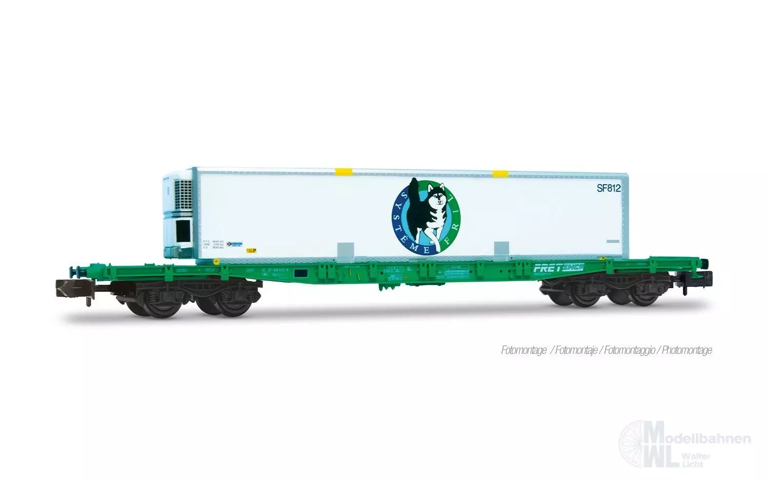 Arnold 6726 - Containertragwagen SNCF Ep.V S70 grüner Rahmen Container Fril N 1:160