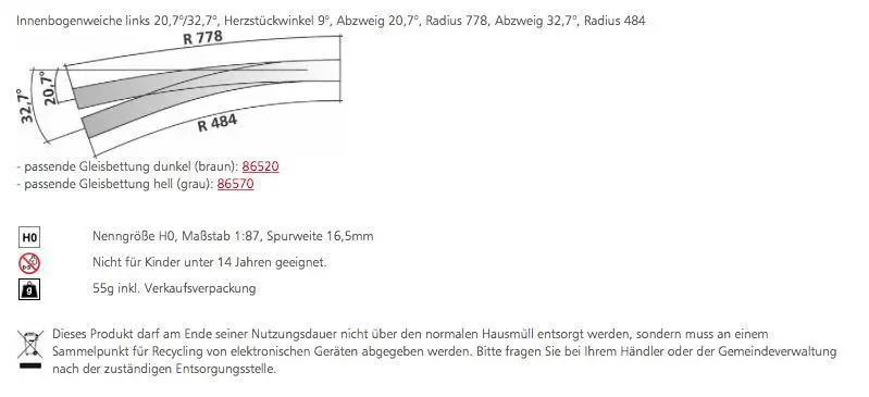 Tillig 85314 - Innenbogenweiche links 207°/327° Herzstückwinkel 9° H0/GL