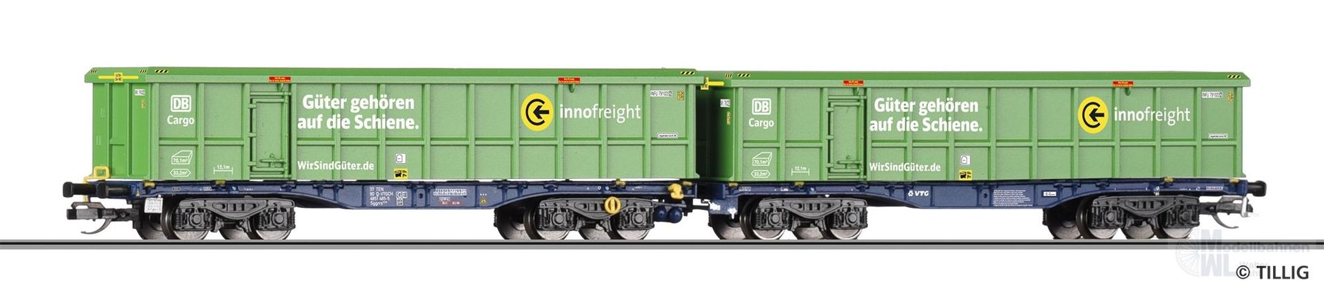 Tillig 15082 - Doppeltragwagen InnoWaggon VTG Ep.VI mit Scrap Containern grün TT 1:120