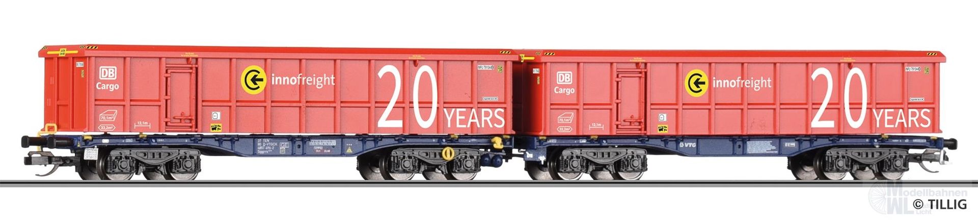 Tillig 15084 - Doppeltragwagen InnoWaggon VTG Ep.VI mit Scrap Containern braun TT 1:120