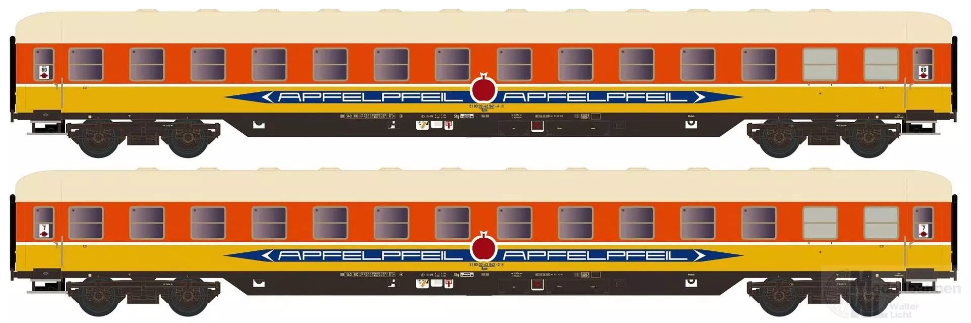 Hobbytrain 22216 - Liegewagen Set DB Apfelpfeil Ep.IV Bcm 53 DB gelb/orange 2.tlg.N 1:160