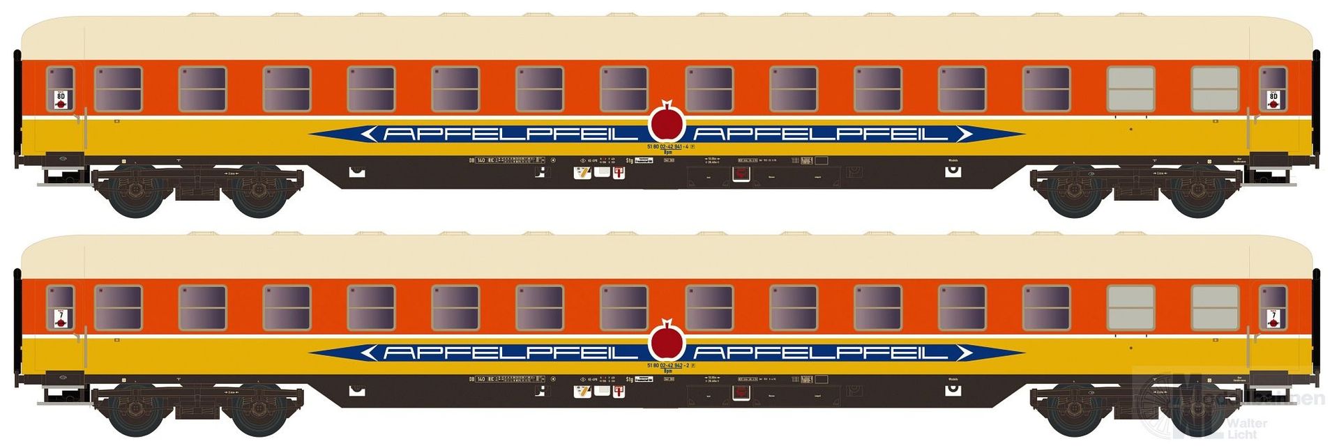 Hobbytrain 22216 - Liegewagen Set DB Apfelpfeil Ep.IV Bcm 53 DB gelb/orange 2.tlg.N 1:160