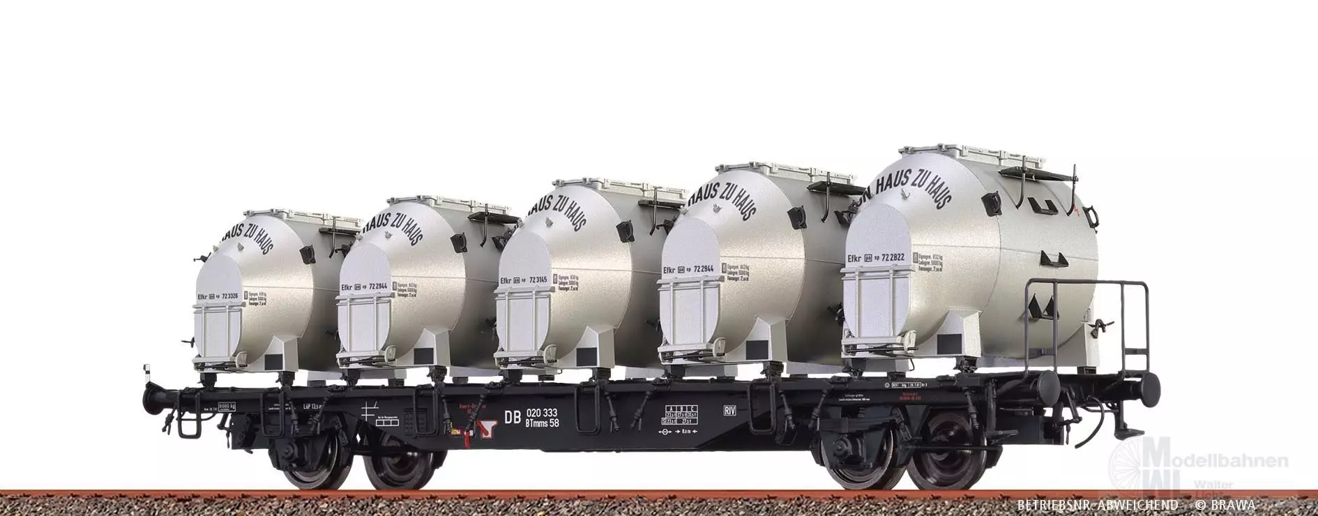 Brawa 49139 - Behältertragwagen DB Ep.III BTmms58 DB, mit Efkr 401 Von Haus zu Haus H0/
