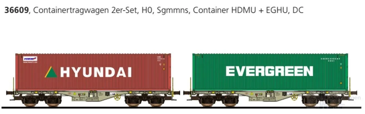 ESU 36609 - Containertragwagen Set D-AAEC Ep.VI Container Hyndai/Evergreen H0/GL