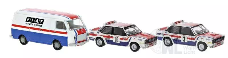 Brekina 22664 - Set Korsika 78 mit Servicewagen und 2 x 131 Abarth Andruet und Mouton H0 