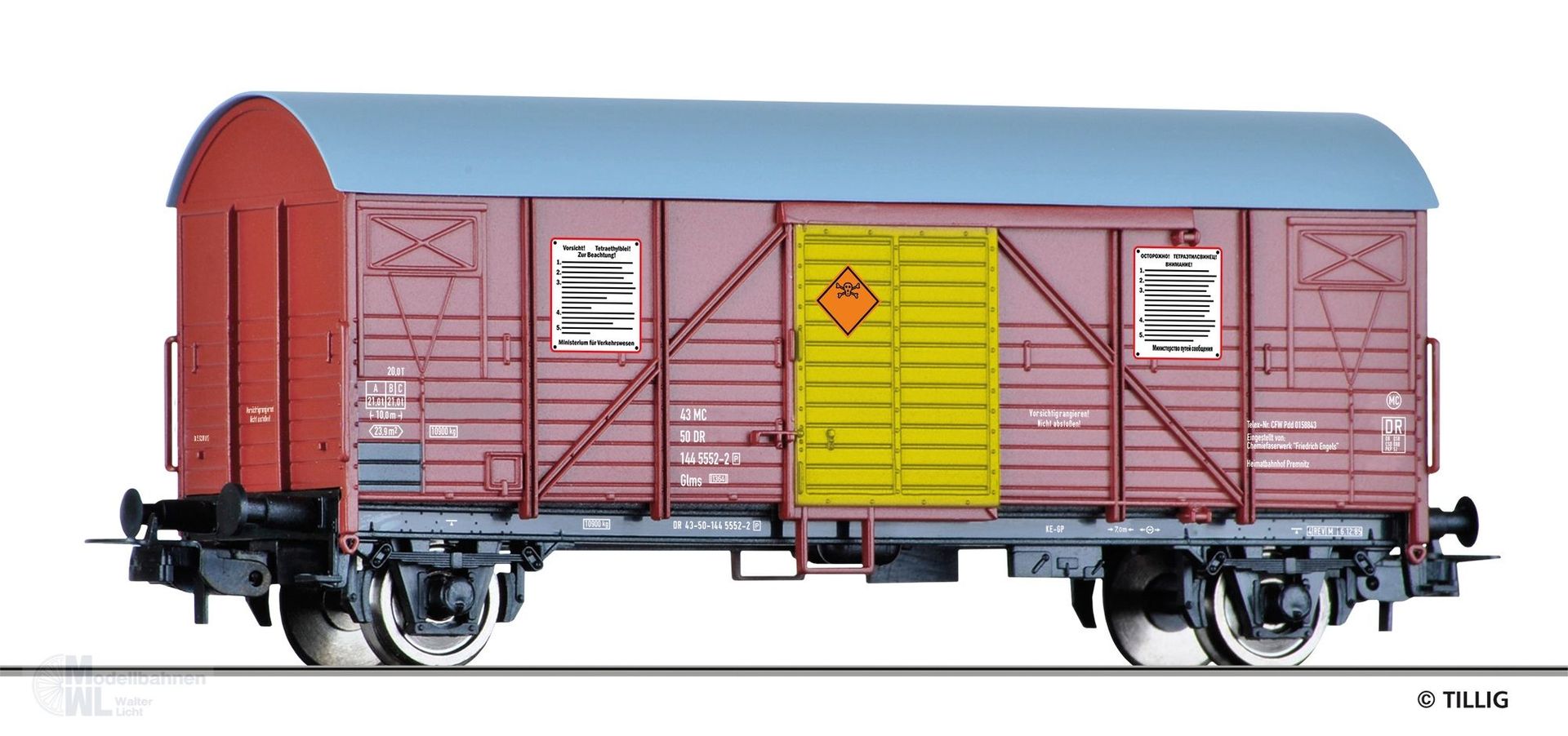 Tillig 77072 - Güterwagen gedeckt DR Ep.IV Glms 1364 Transport von Tetraethylblei H0/GL