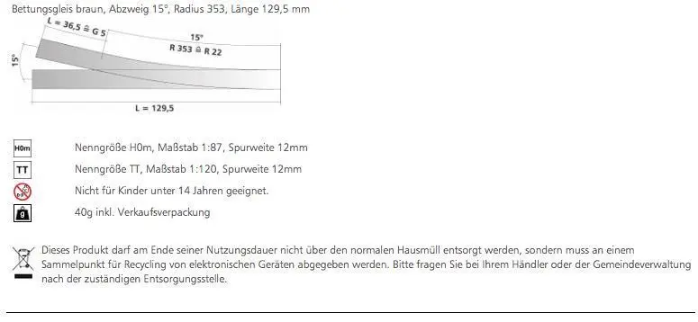 Tillig 83820 - Bettungsgleis-Weiche 15° rechts Hand braun TT 1:120