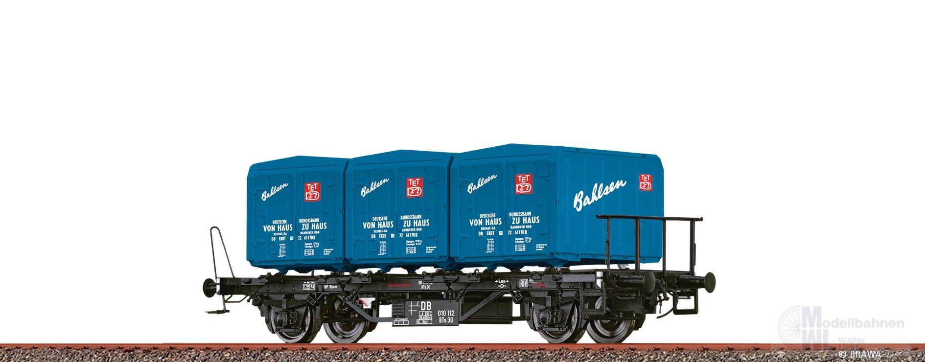 Brawa 50604 - Behältertragwagen DB Ep.III BTs 30 mit Ekrt 212 Bahlsen H0/GL Brawa 50604 - Behältertragwagen DB Ep.III BTs 30 mit Ekrt 212 Bahlsen H0/GL