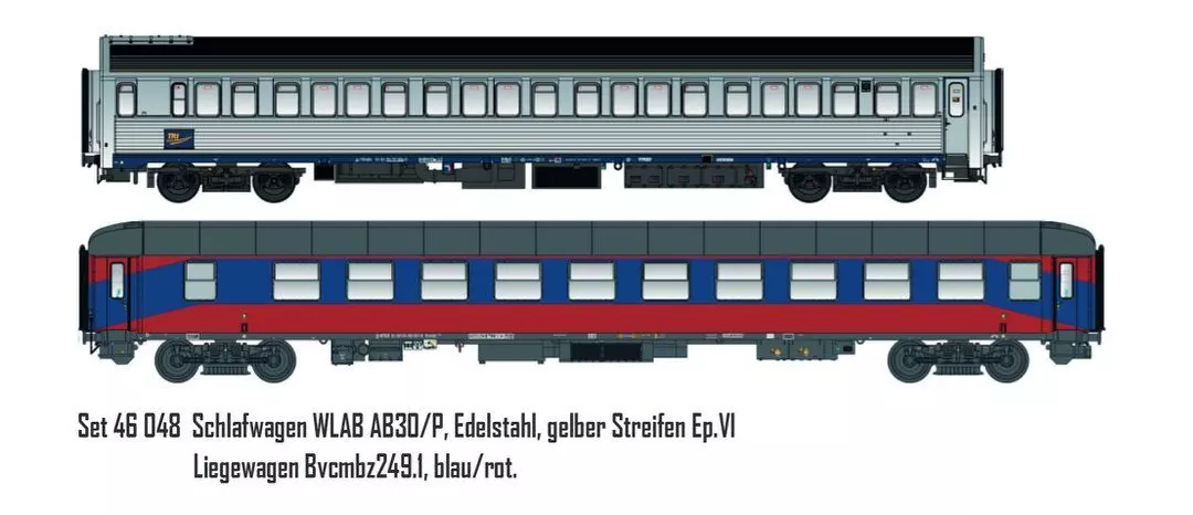 LS Models 46048 - Schlafwagen Set TRI Ep.VI WLAB AB30/P Inox -ge. Streifen 2.tlg. H0/GL