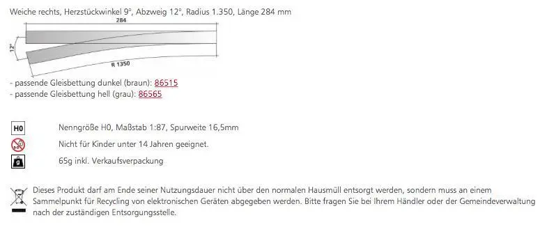 Tillig 85353 - Weiche rechts Herzstückwinkel 9° Länge 284 mm H0/GL