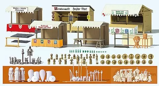 Preiser 17216 - Verkaufsstände und Zubehör Mittelaltermarkt H0 1:87