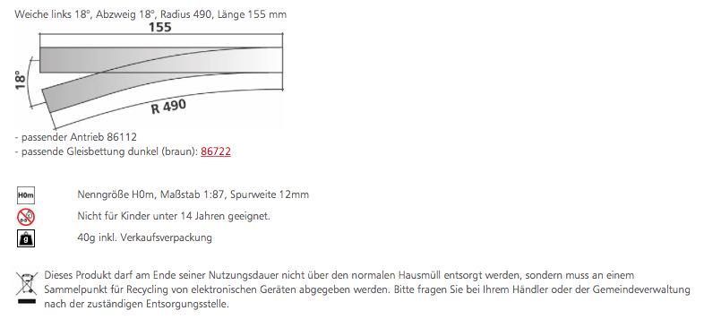 Tillig 85632 - Weiche links 18° Länge 155 mm H0m
