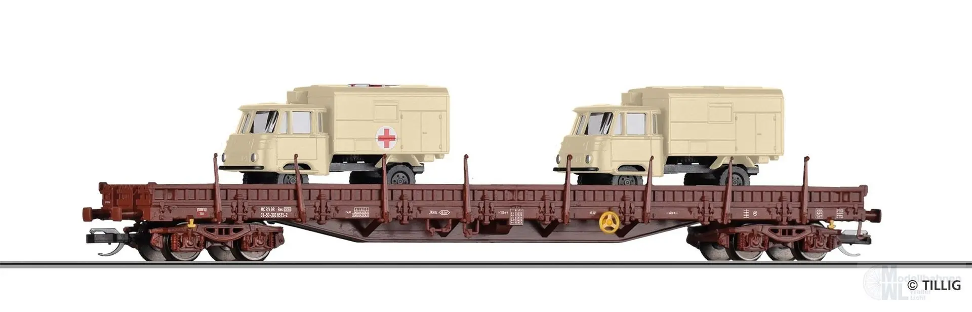 Tillig 18146 - Niederbordwagen DR Ep.IV Res 3936 beladen mit 2 Robur 1801 TT 1:120