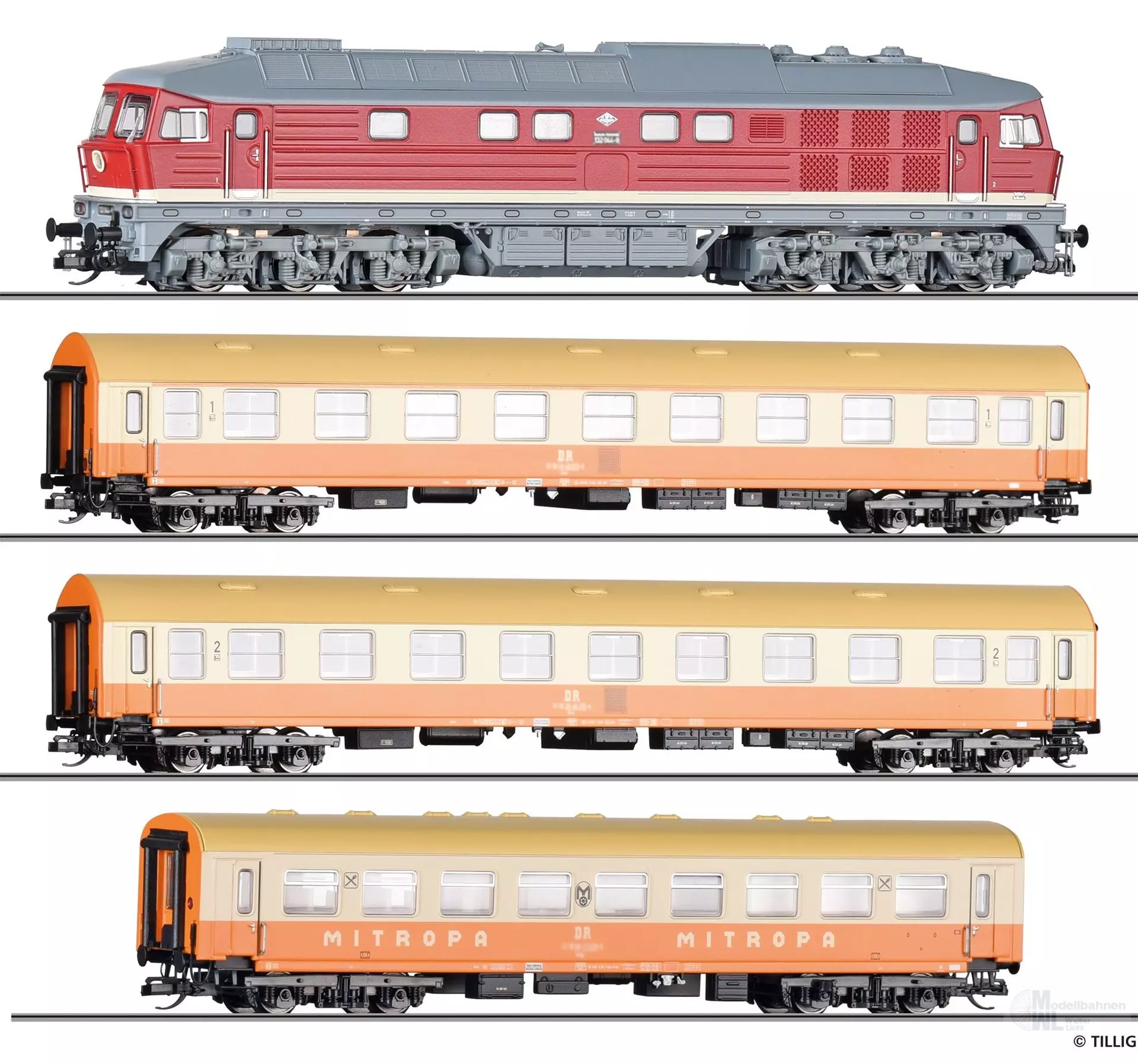 Tillig 01502 - Startset Diesellok BR 132 + 3 Personenwagen DR Ep.IV analog TT 1:120