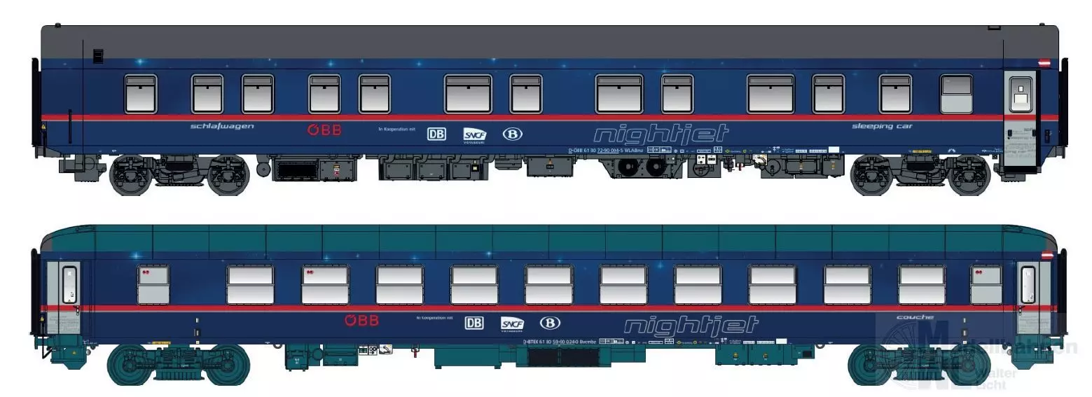 LS Models 97037N - Nachtzugwagen Set ÖBB Nightjet Ep.VI WLABmz + Bvcmbz 2.tlg. N 1:160