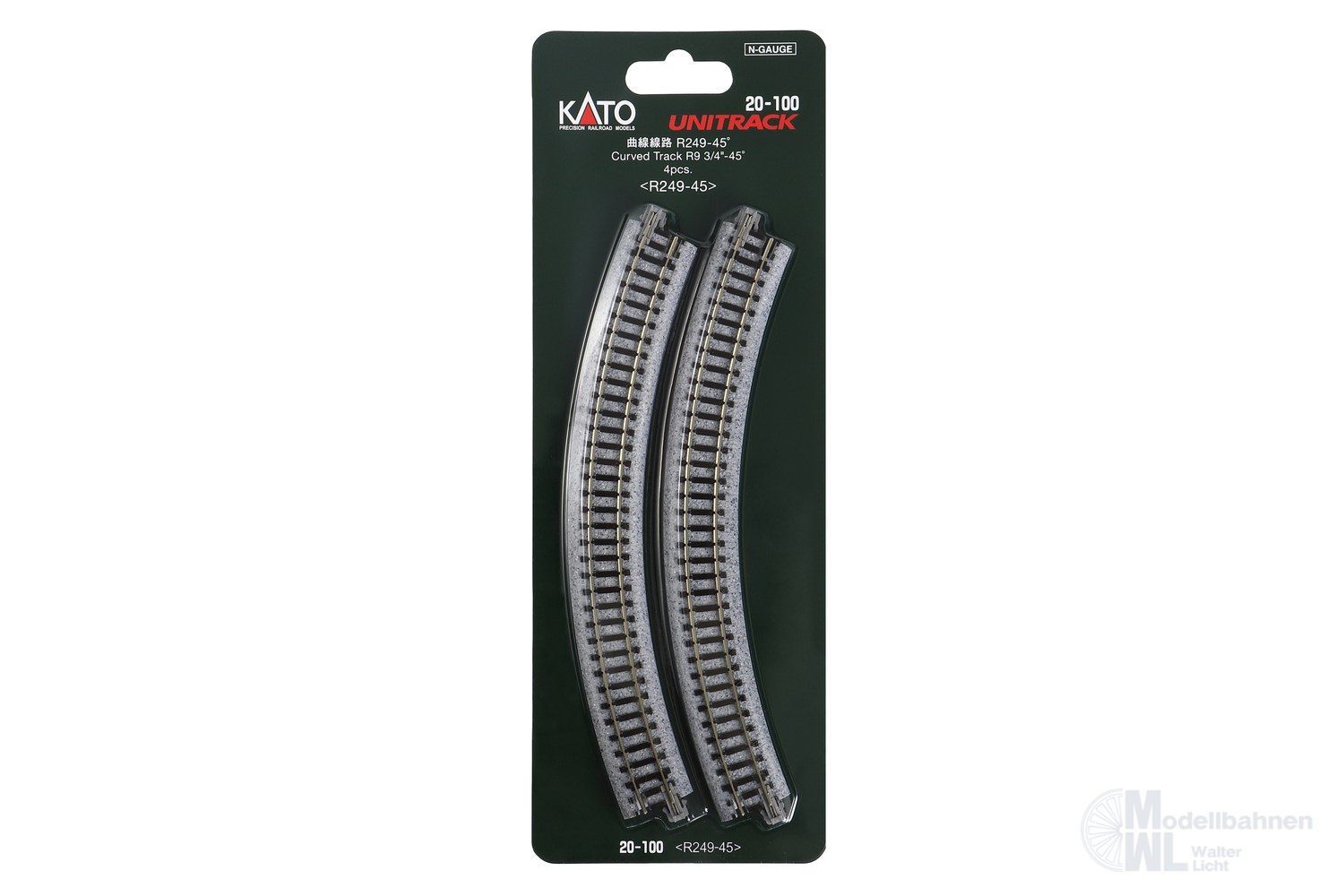 Kato 20-100 - Gleis gebogen R249mm 45° 4 Stück N 1:160 Kato 20-100 - Gleis gebogen R249mm 45° 4 Stück N 1:160