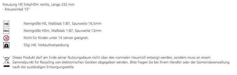 Tillig 85263 - Kreuzung H0 links/H0m rechts Länge 232 mm Kreuzwinkel 15°