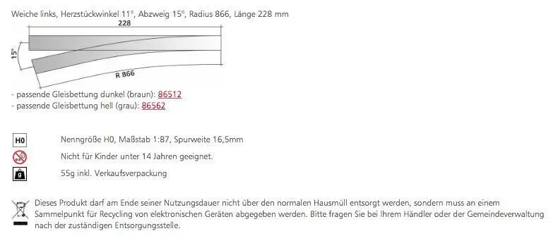 Tillig 85344 - Weiche links Herzstückwinkel 11° Länge 228 mm H0/GL