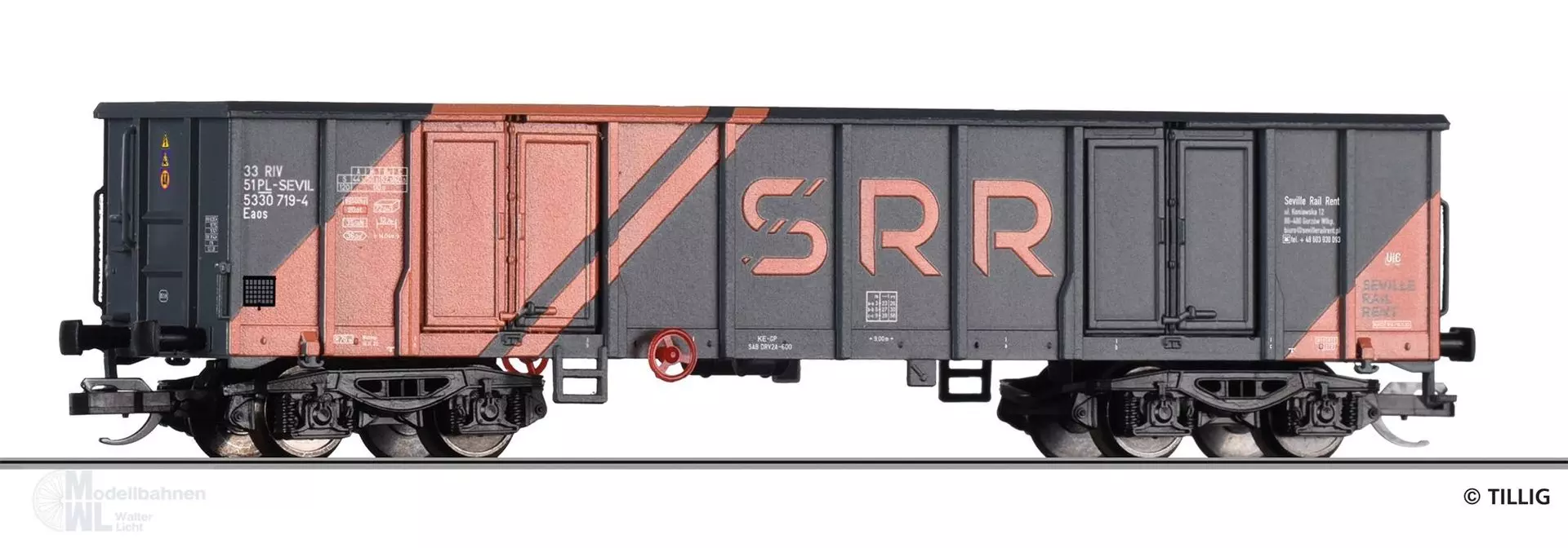 Tillig 18230 - Güterwagen offen Eaos Seville Rail Rent (PL) Ep.VI TT 1:120