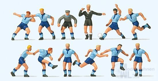 Preiser 10756 - Fussballmannschaft Hellblaue Trikots / Dunkelblaue Hosen H0 1:87 Preiser 10756 - Fussballmannschaft Hellblaue Trikots / Dunkelblaue Hosen H0 1:87