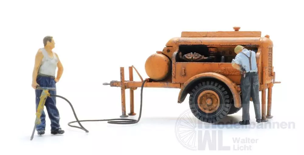 ARTITEC b.v. 387611 - Kompressoranhänger mit Drucklufthammer + 2 Figuren H0 1:87