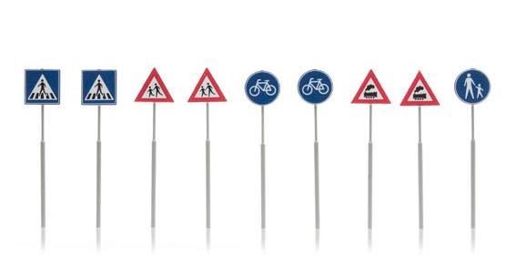 ARTITEC b.v. 387215 - NL Verkehrsschilder: Fußgänger, Fahrrad, Zug 9 Stück H0 1:87