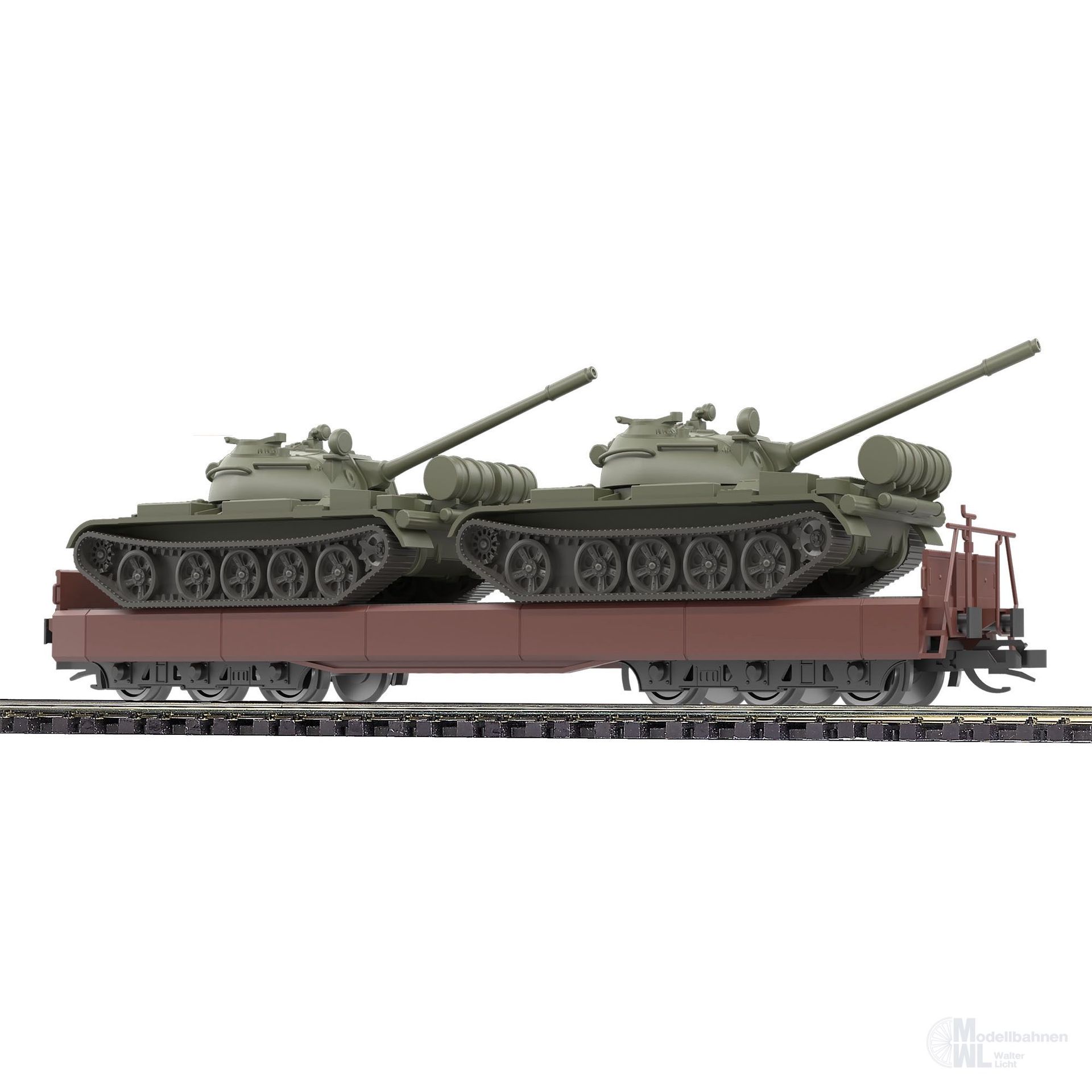 Busch 31650 - Flachwagen DR Ep.IV Samm 4818 Ladegut 2 x Panzer T-55A TT 1:120
