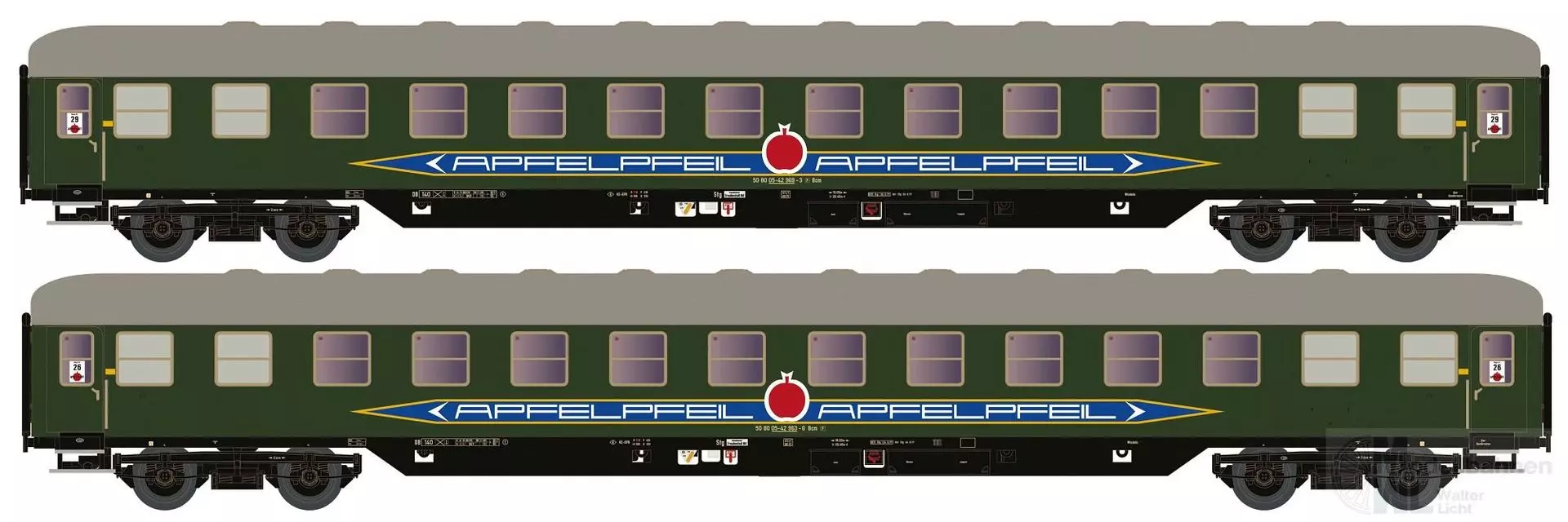 Hobbytrain 22215 - Liegewagen Set DB Apfelpfeil Ep.IV Bcm 53 DB grün 2.tlg.N 1:160