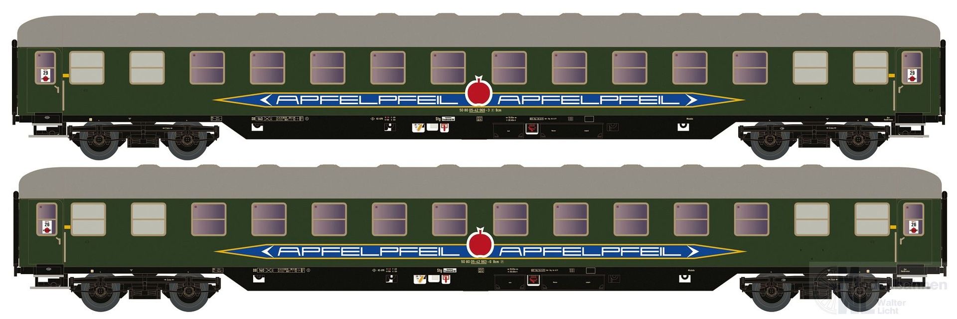 Hobbytrain 22215 - Liegewagen Set DB Apfelpfeil Ep.IV Bcm 53 DB grün 2.tlg.N 1:160