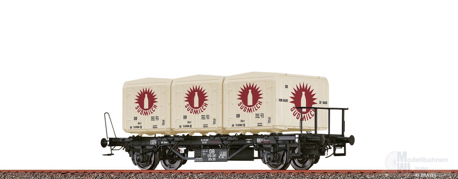 Brawa 50917 - Behältertragwagen DB Ep.III BTs 30 Südmilch H0/GL Brawa 50917 - Behältertragwagen DB Ep.III BTs 30 Südmilch H0/GL