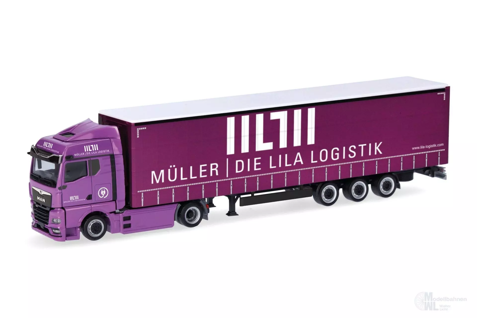 Herpa 320801 - MAN eTGX GM Gardinenplanen-Sattelzug Müller-Die Lila Logistik H0 1:87
