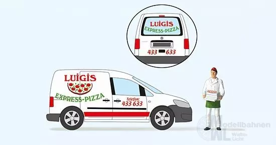 Preiser 33266 - Pizza-Lieferdienst Volkswagen Caddy Fertigmodell H0 1:87