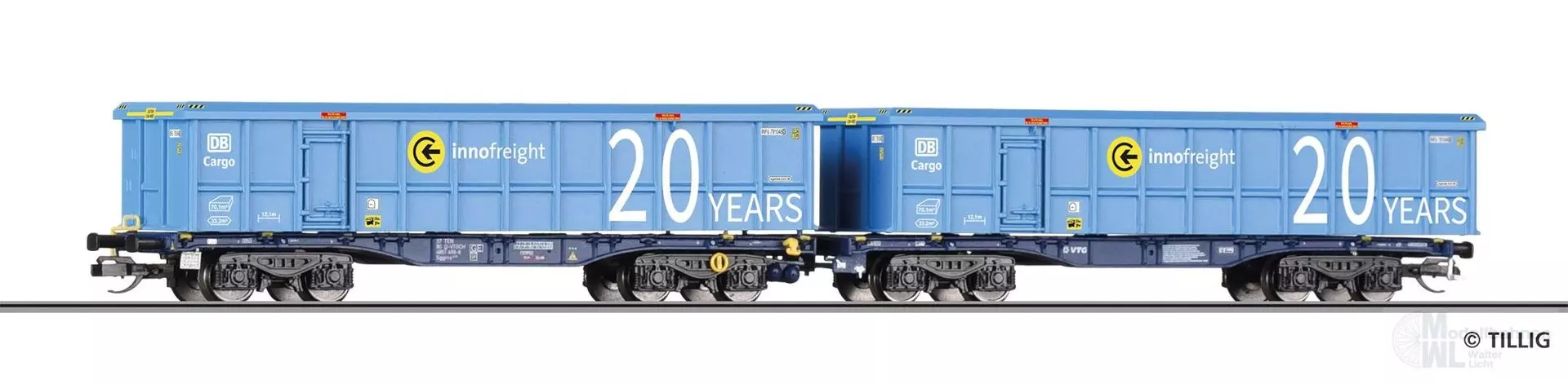 Tillig 15083 - Doppeltragwagen InnoWaggon VTG Ep.VI mit Scrap Containern blau TT 1:120