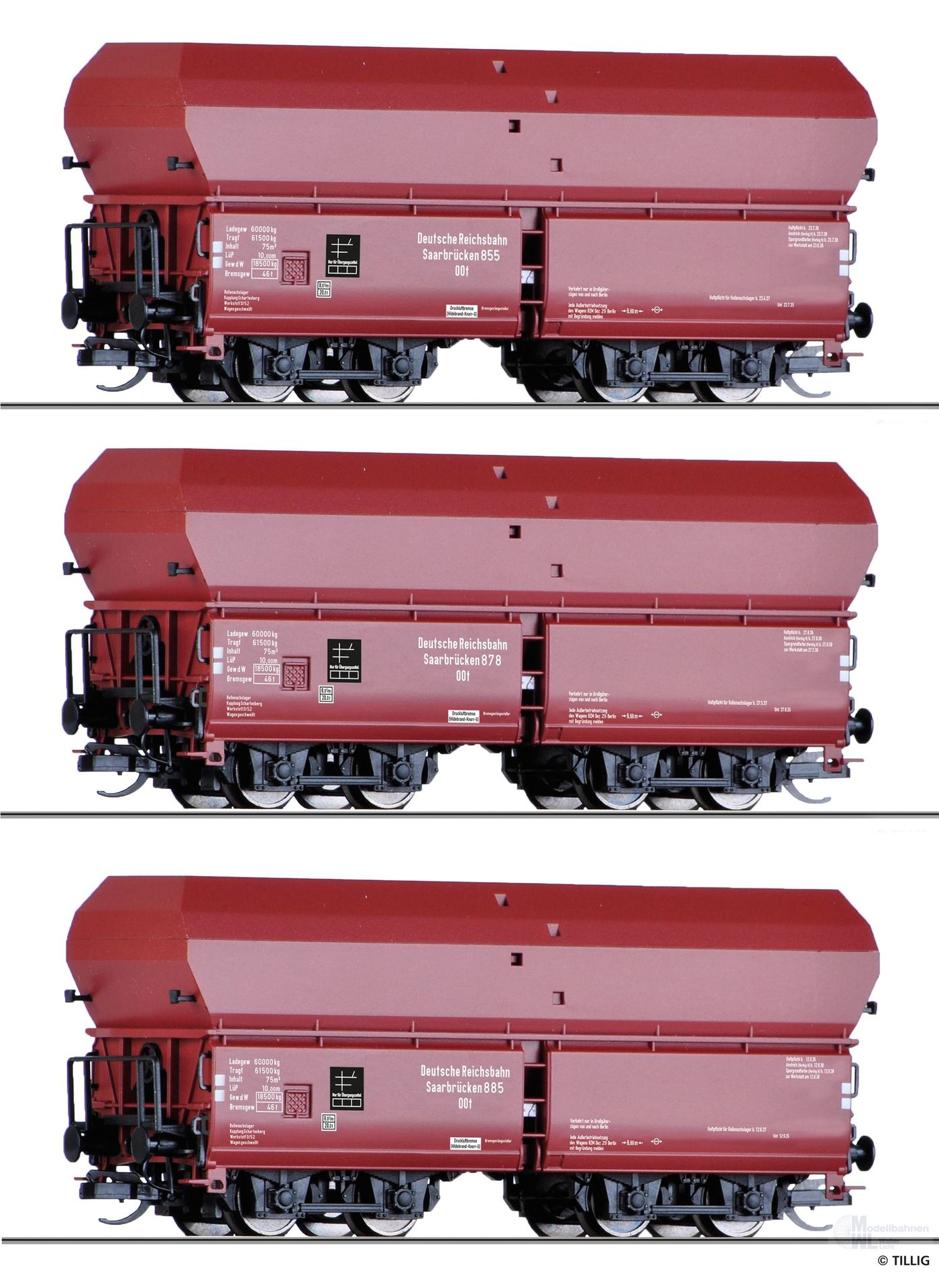 Tillig 01138 - Selbstentladewagen Set DRG Ep.II OOt Saarbrücken 3.tlg. TT 1:120