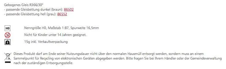 Tillig 85140 - Gebogenes Gleis R366/30° H0/GL