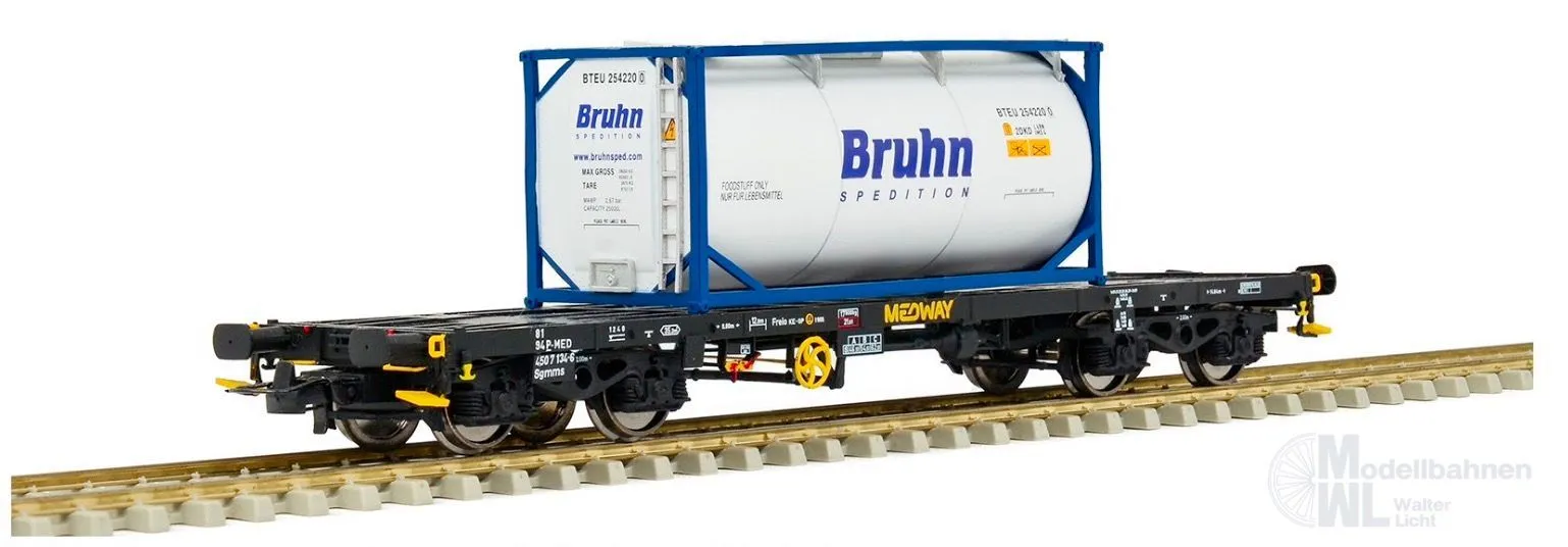 Sudexpress S450134 - Containertragwagen Medway Ep.VI Sgmms 134-6 mit 1 Tankcontainer Bruhn H0/GL