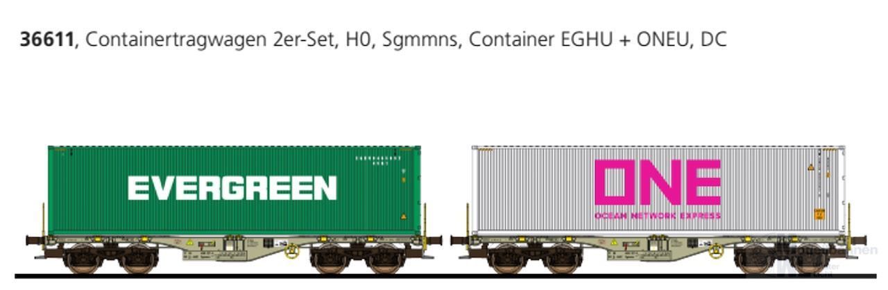 ESU 36611 - Containertragwagen Set D-AAEC Ep.VI Container Evergreen/ONE H0/GL