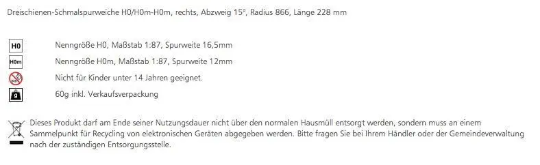 Tillig 85193 - Dreischienen-Schmalspurweiche H0/H0m-H0m rechts Länge 228 mm