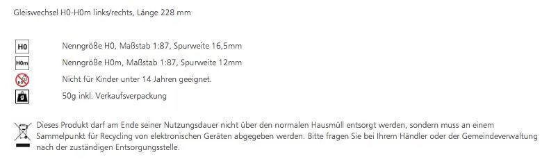 Tillig 85187 - Gleiswechsel H0-H0m links/rechts Länge 228 mm