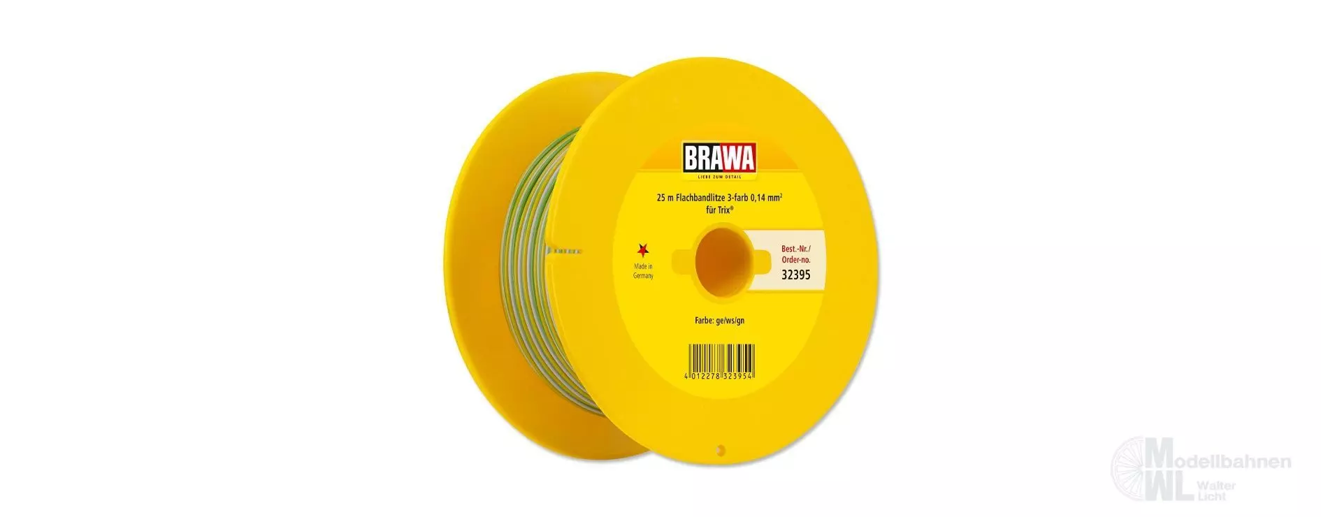 Brawa 32395 - Flachband-Litze gelb/weißt/grün 0,14 mm² 25 m Spule